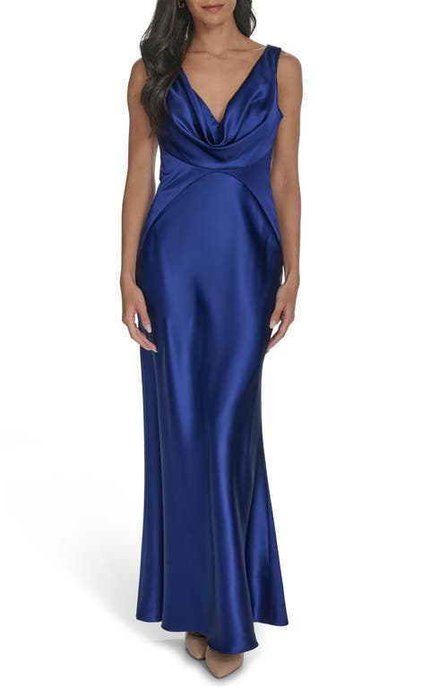 Vince Camuto Draped Neck Satin Gown In Cobalt
