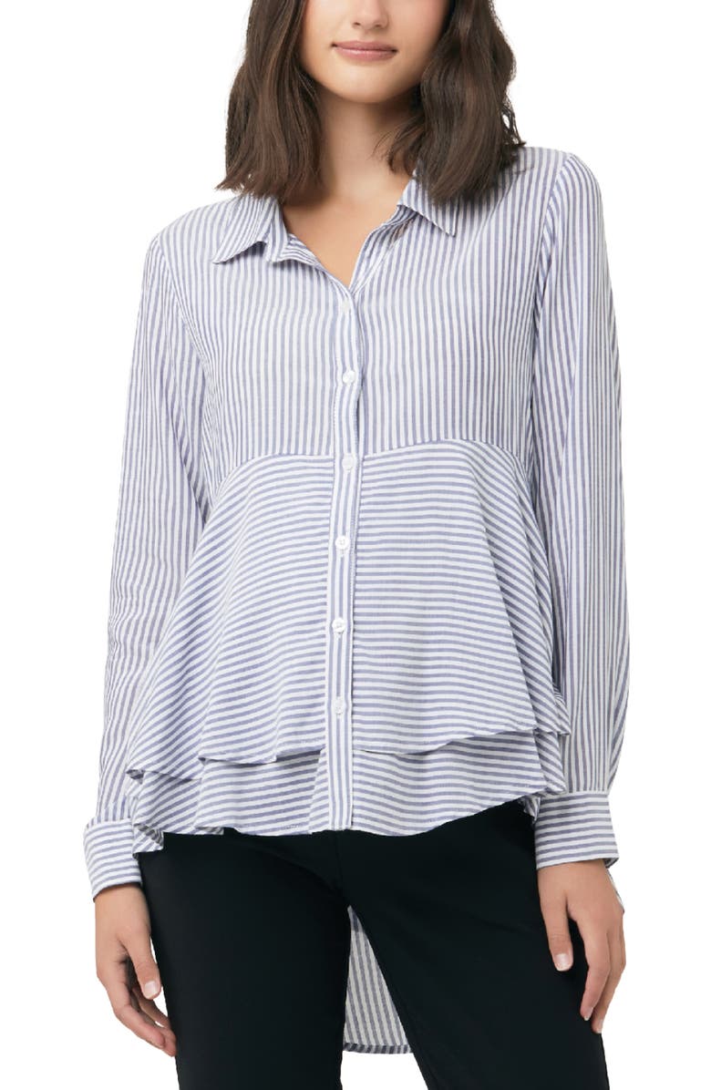Ripe Maternity Stripe Layered Peplum Shirt, Main, color, Navy / White