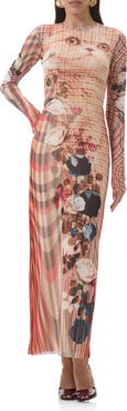 AFRM Didi Printed Long Sleeve Mesh Maxi Dress