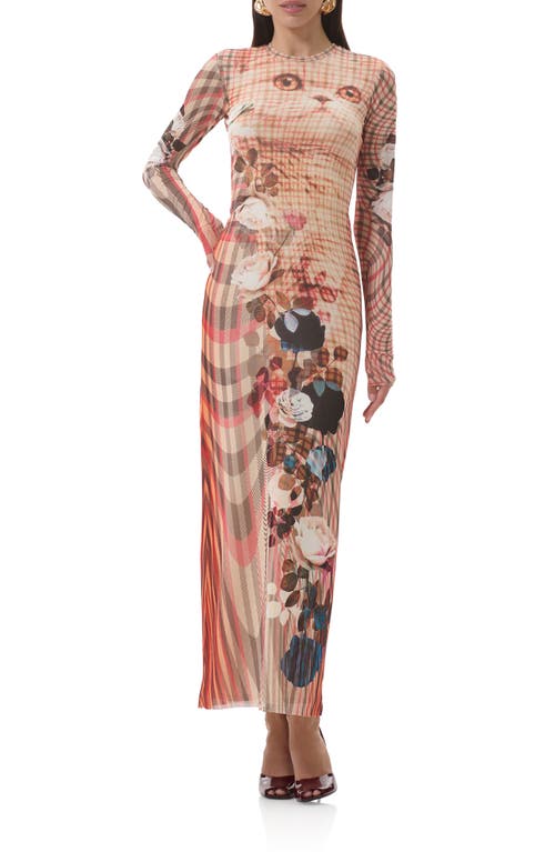 Afrm Didi Printed Long Sleeve Mesh Maxi Dress In Neutral