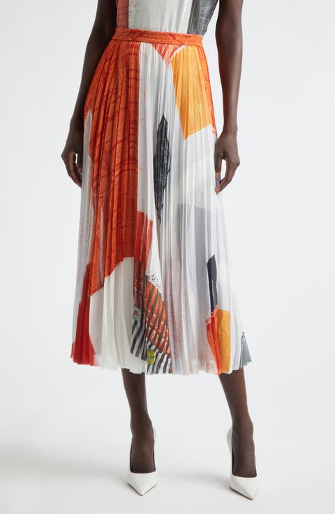 Collage Print Pleated Chiffon Midi Skirt