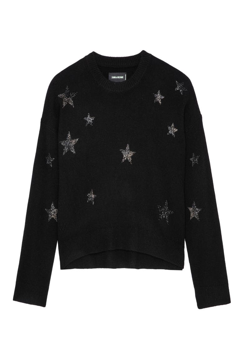 Markus Rhinestone Star Embellished Cashmere Sweater, Alternate, color, NOIR