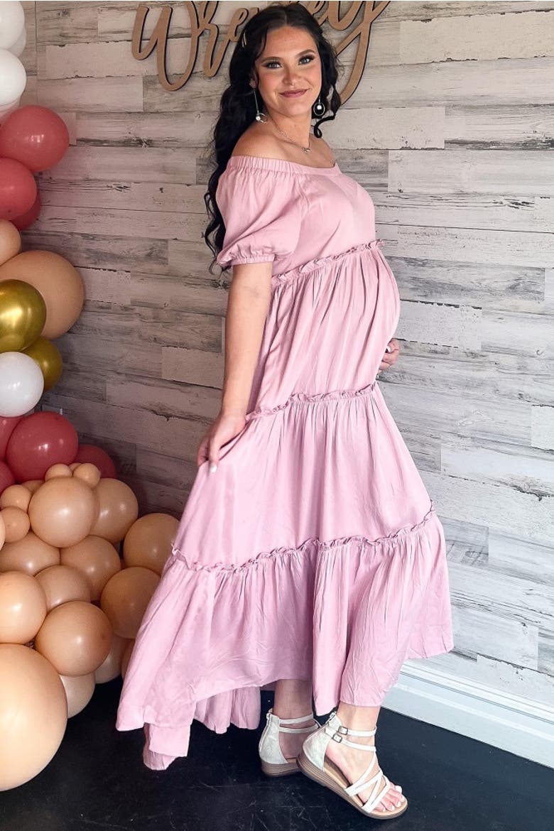 Off Shoulder Ruffle Tiered Maxi Dress, Alternate, color, Mauve
