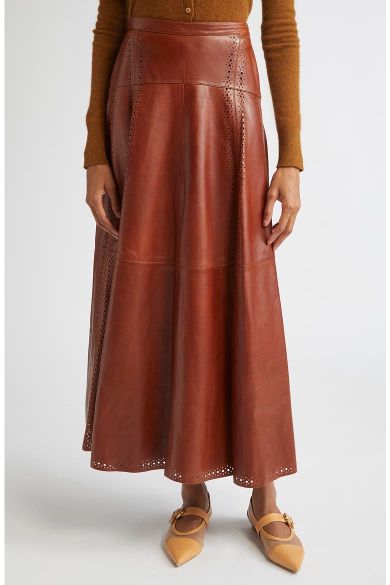 Aninda Eyelet Trim Leather A-Line Skirt, Main, color, WENGE