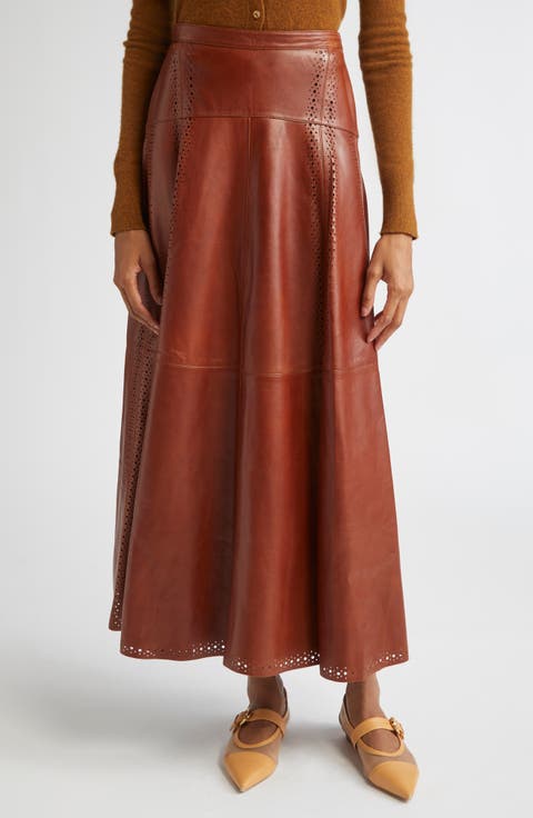 Aninda Eyelet Trim Leather A-Line Skirt