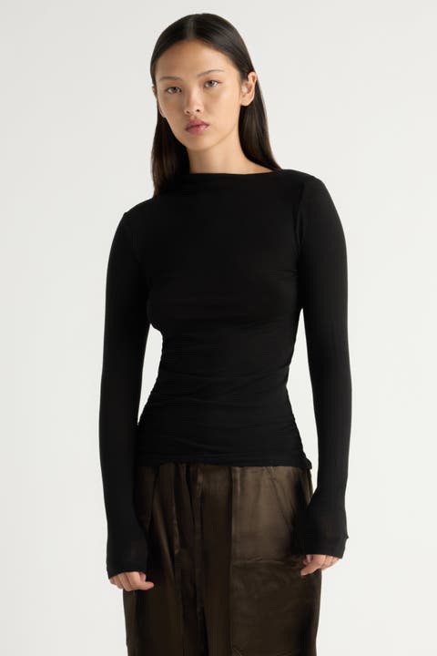 Vittoria Asymmetric-Neck Semi-Sheer Ruched Tee