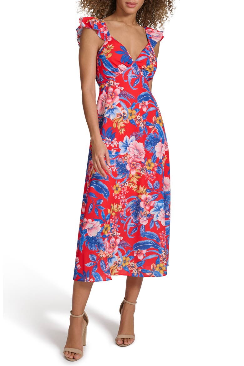 Samira Floral Midi Dress, Main, color, RED MULTI