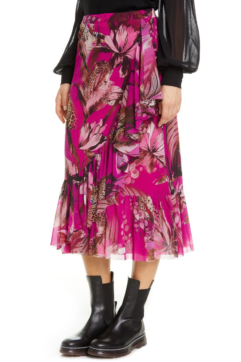 Leopard & Floral Print Ruffle Mesh Skirt, Alternate, color, AZALEA