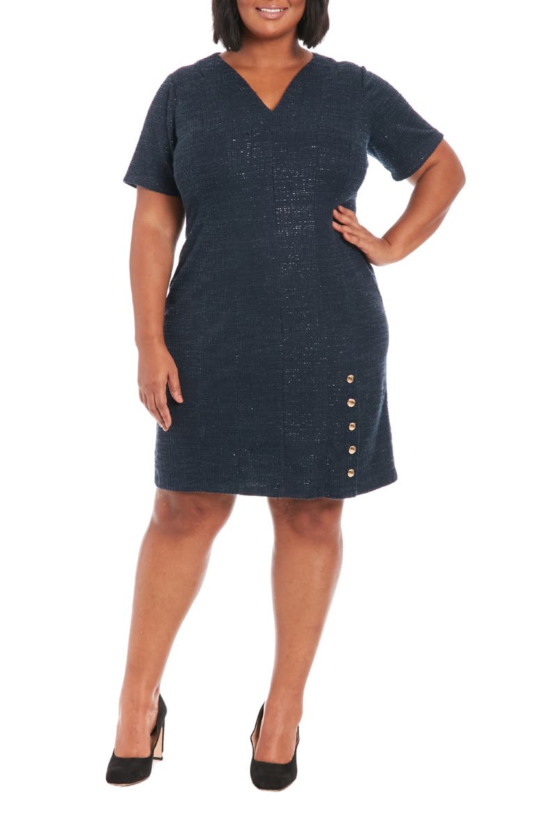 Short Sleeve Side Button Bouclé Sheath Dress, Main, color, NAVY