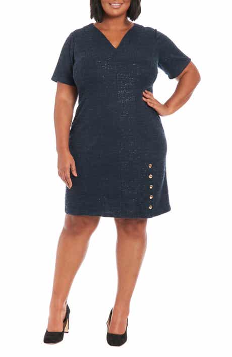 London Times Short Sleeve Side Button Bouclé Sheath Dress