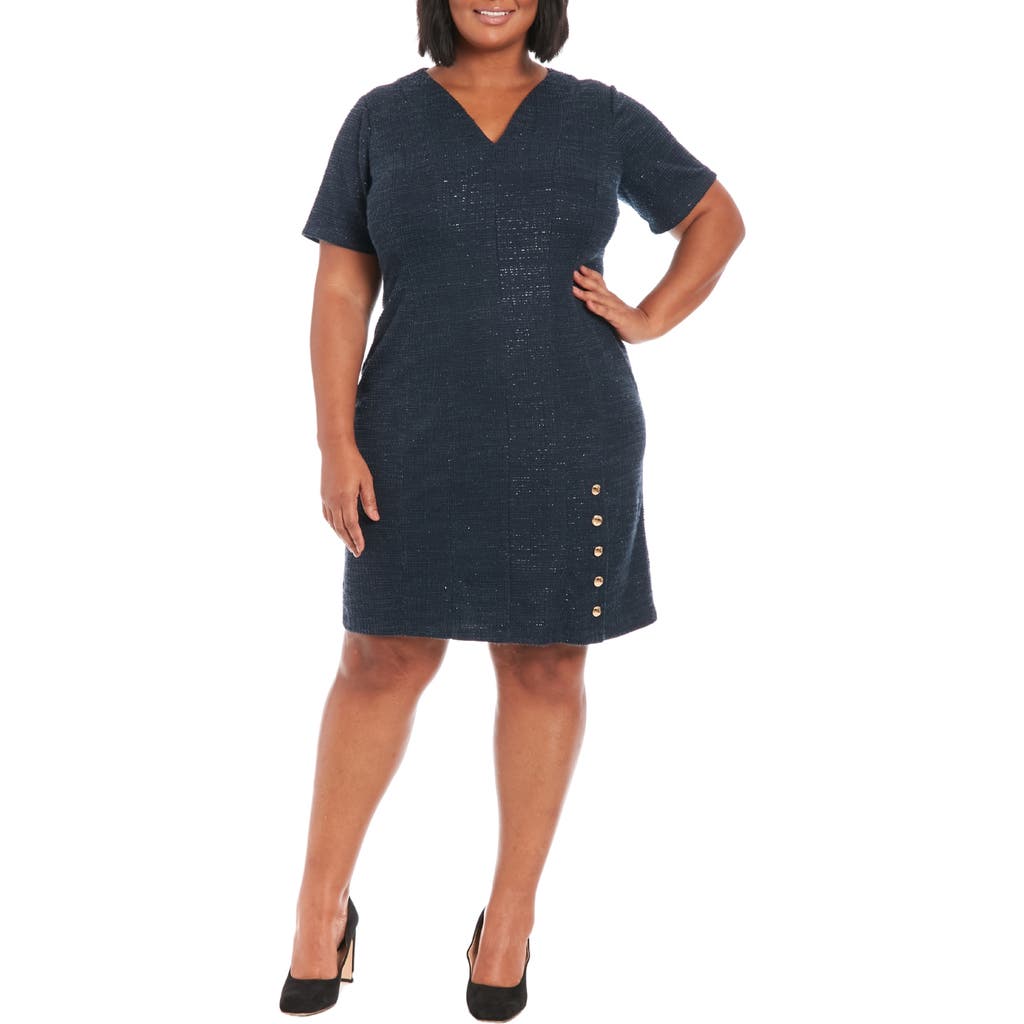 London Times Short Sleeve Side Button Bouclé Sheath Dress In Navy