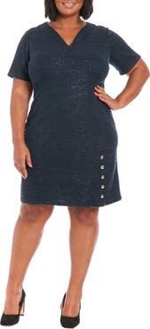 London Times Short Sleeve Side Button Bouclé Sheath Dress