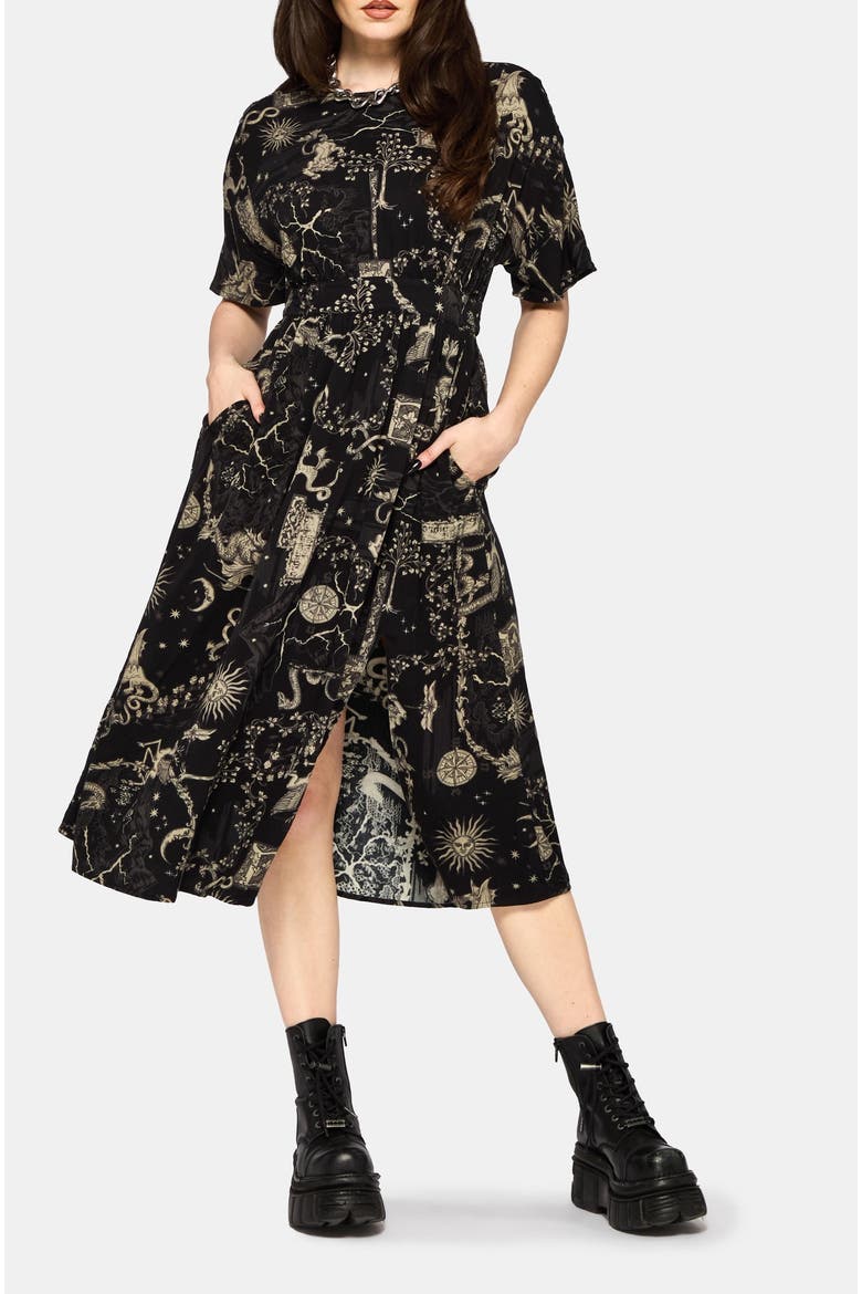 Isolde Medieval Map Tie Back Midi Dress, Alternate, color, Black