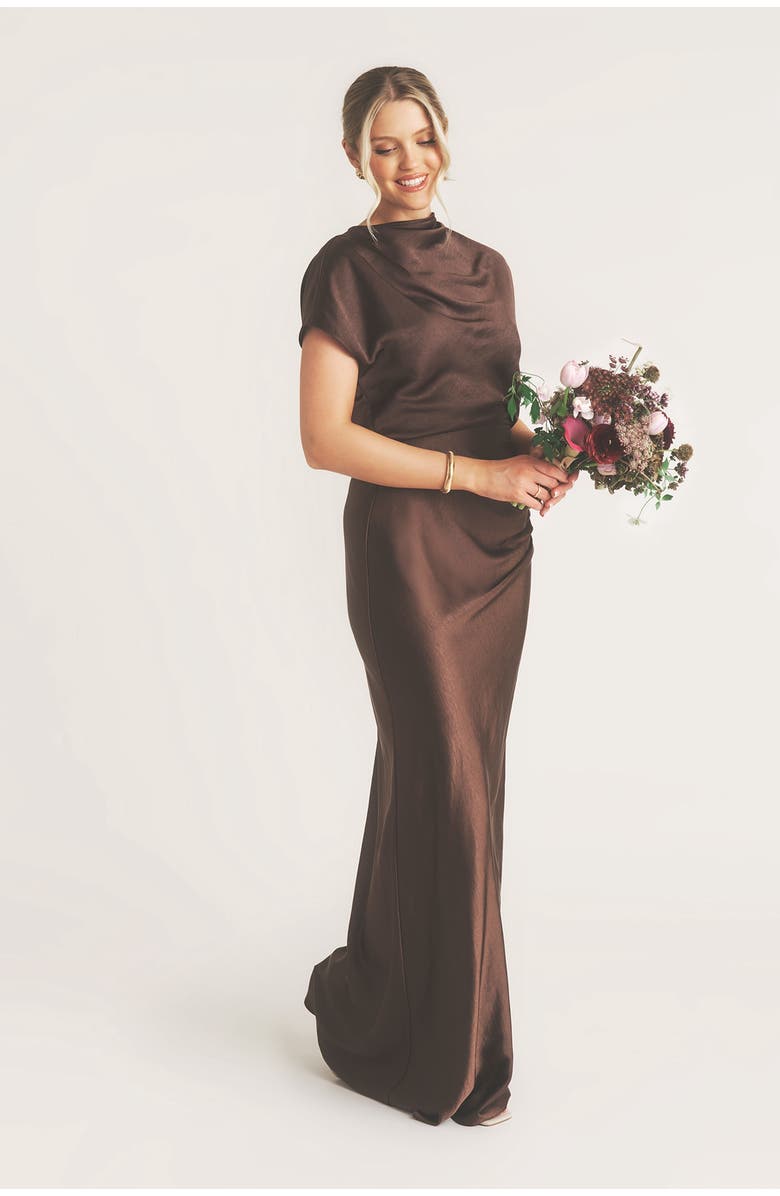 Six Stories Batwing High Neck Satin Bridesmaid Dress, Alternate, color, Chocolate