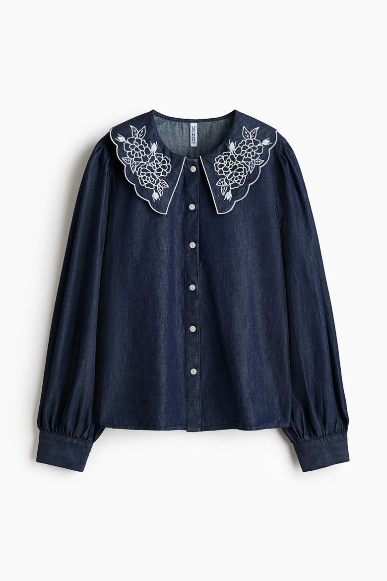 Embroidered-collar Denim Blouse, Alternate, color, Dark denim blue