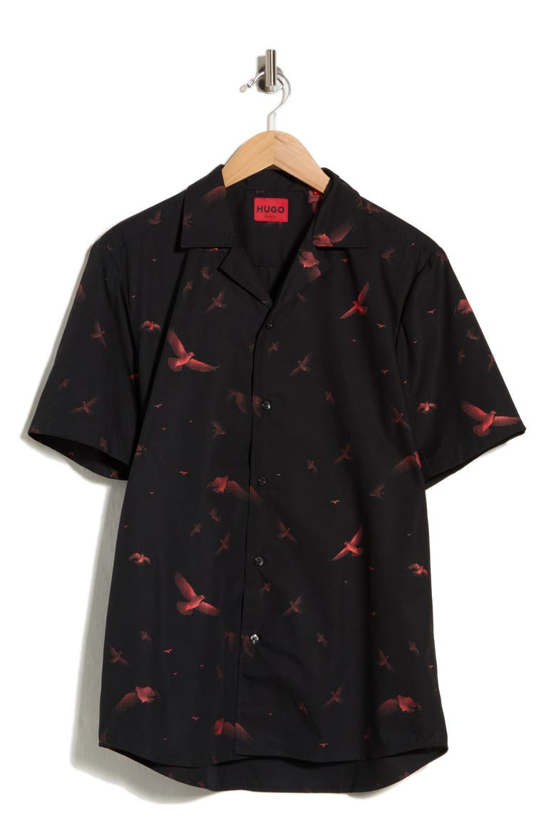 Ellino Bird Print Camp Shirt, Main, color, BLACK