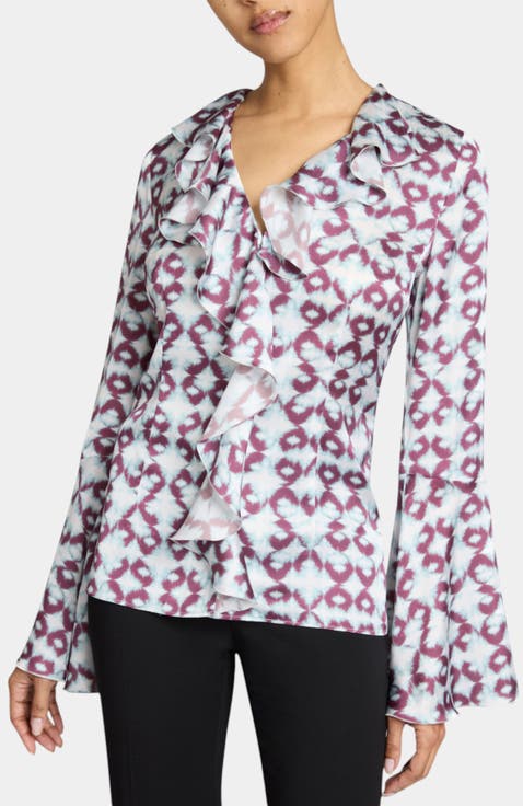 SYDNEY Long Sleeve Button Down Blouse with Ruffles in Graphic Printed Charmeuse