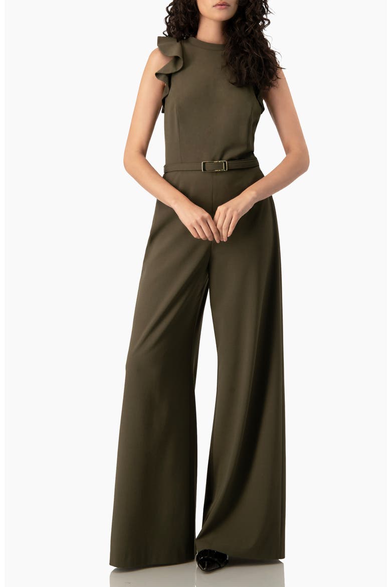 Sleeveless Ruffle-Shoulder Wide-Leg Belted Jumpsuit, Main, color, Olive Green