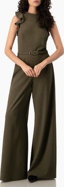 IVONNE Sleeveless Ruffle-Shoulder Wide-Leg Belted Jumpsuit