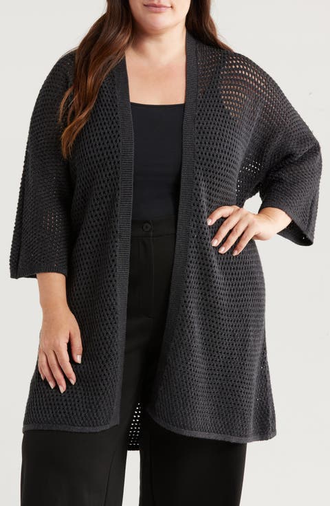 Open Stitch Longline Wool Cardigan (Plus)