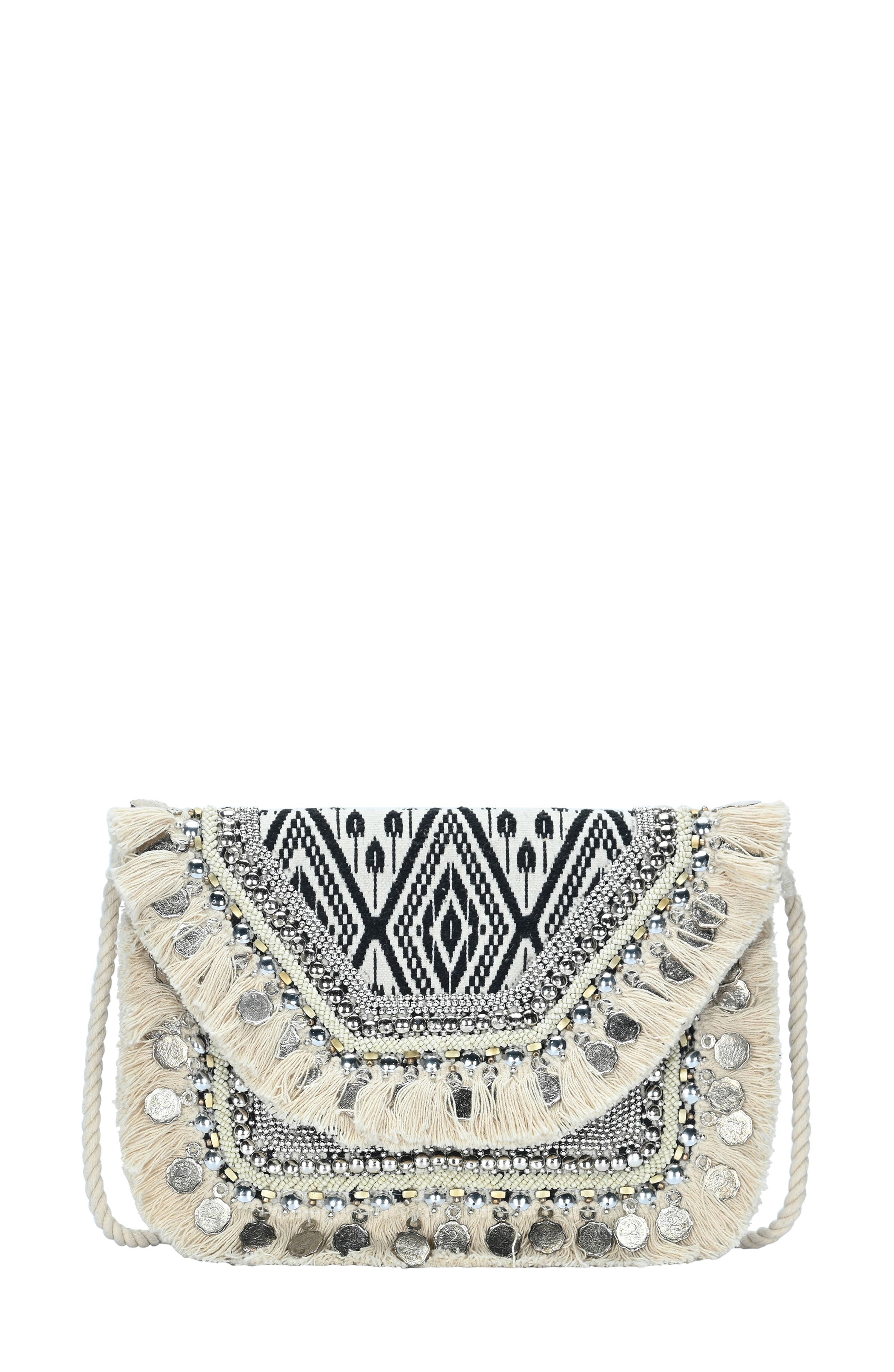 Fringe Ikat Print Canvas Clutch