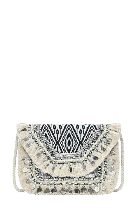 Fringe Ikat Print Canvas Clutch