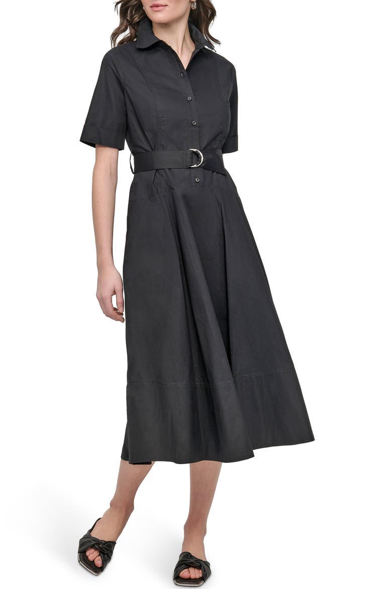 Short Sleeve Drop Waist Cotton Shirtdress, Main, color, BLACK