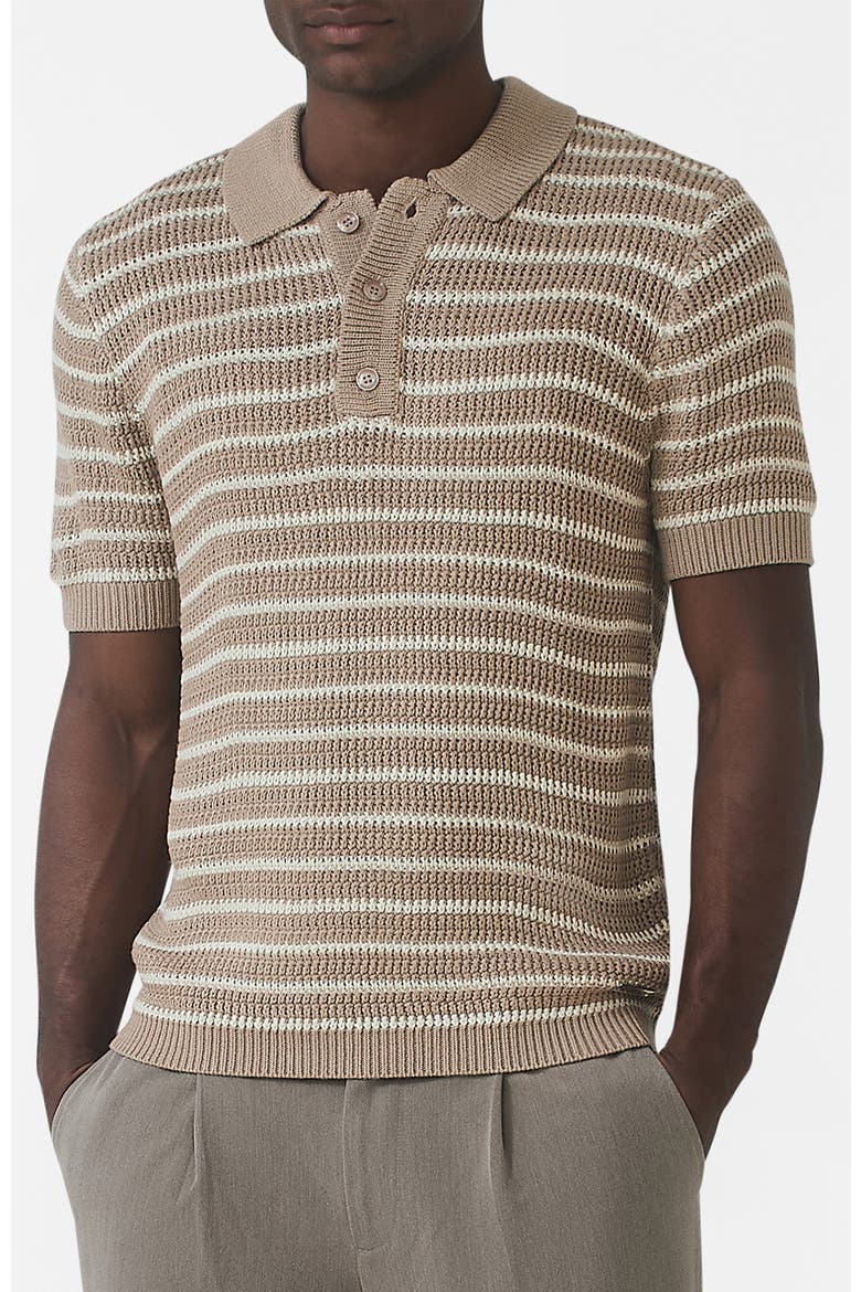 Fontelina Button Placket Knit Stripe Polo, Main, color, Medium Beige