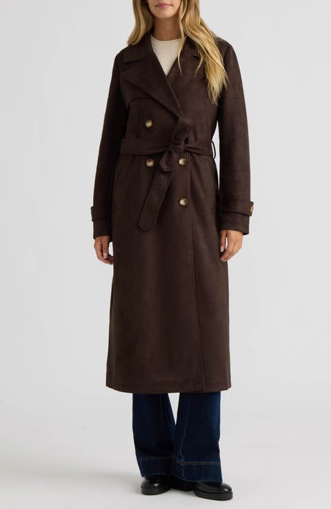 Faux Suede Double Breasted Longline Coat