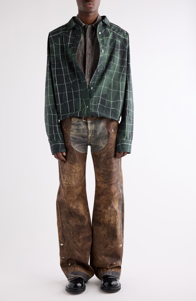 Acne Studios Sayer Painted Check Papery Cotton Poplin Layered Button-Up Shirt, Alternate, color, Green/ Grey