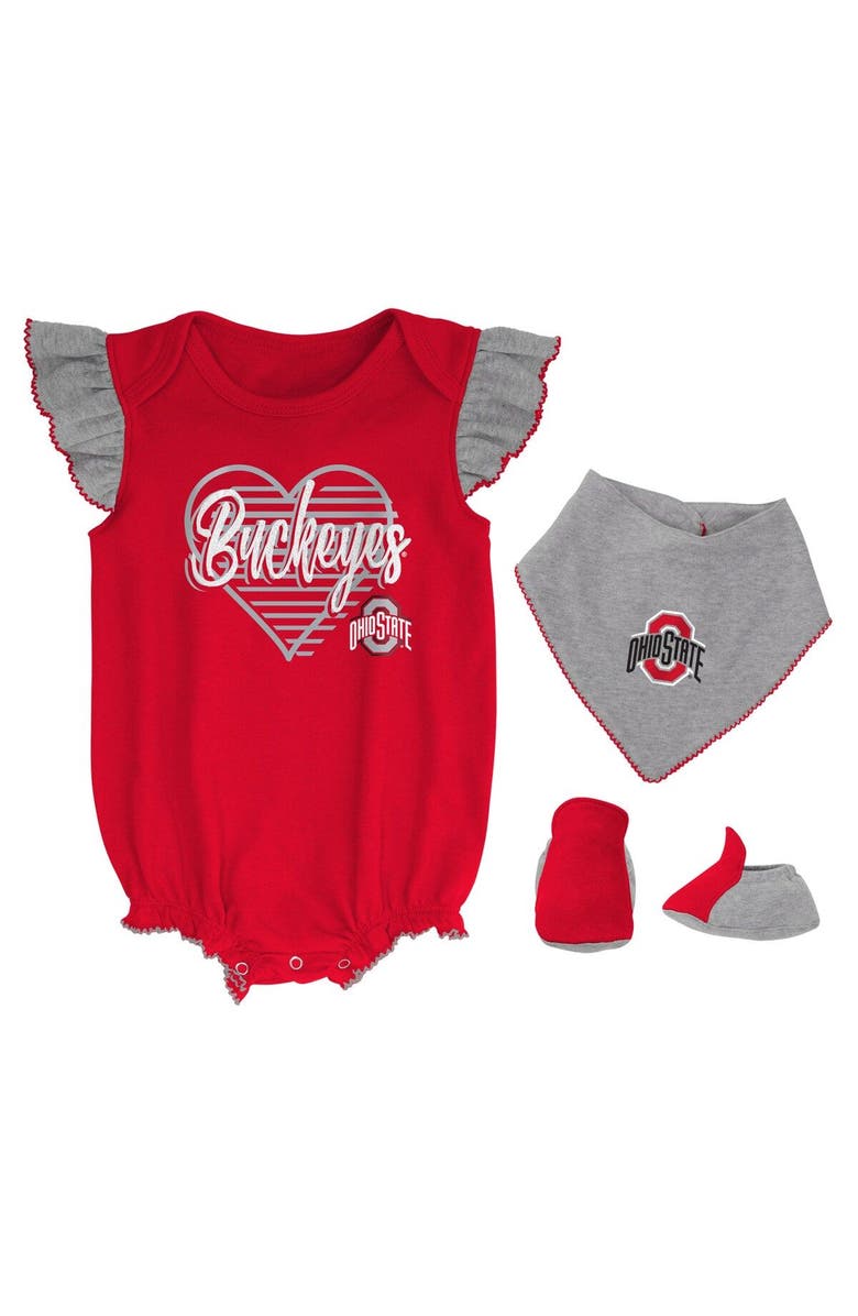 Outerstuff Girls Newborn & Infant Scarlet/Heather Gray Ohio State Buckeyes All The Love Bodysuit Bib & Booties Set, Main, color, 