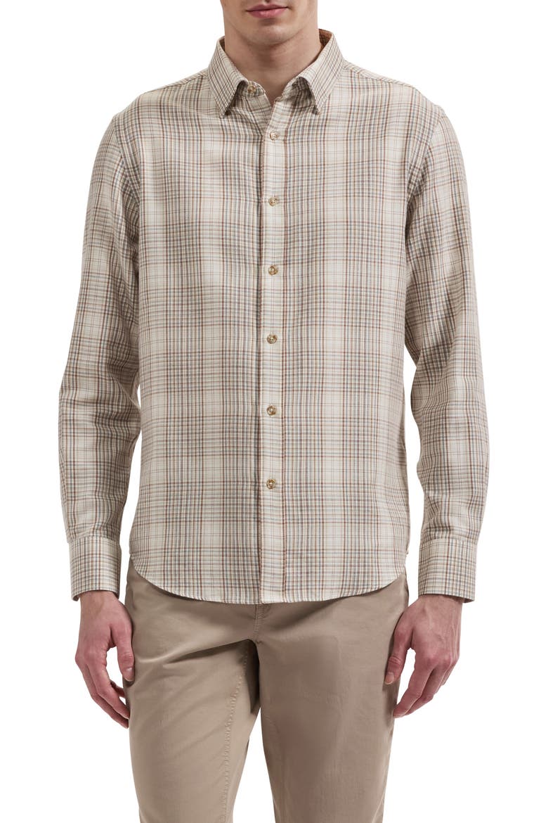 Karl Plaid Long Sleeve Cotton Shirt, Main, color, CAMEL