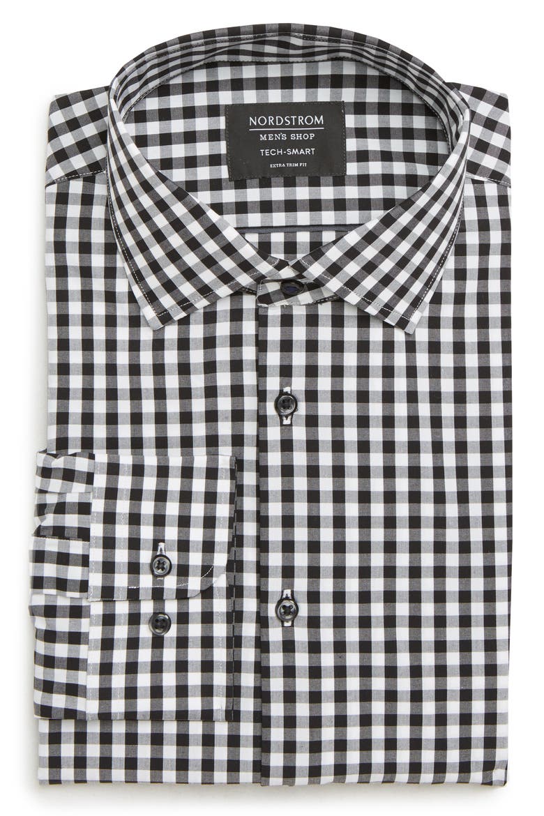 Tech-Smart Extra Trim Fit Stretch Check Dress Shirt, Main, color, BLACK ROCK