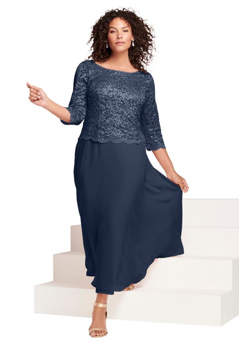 Plus Size Sequin Lace Three Quarter Sleeve A-Line Gown (Petite and Plus)