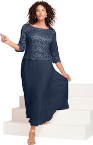Roaman's Plus Size Sequin Lace Three Quarter Sleeve A-Line Gown