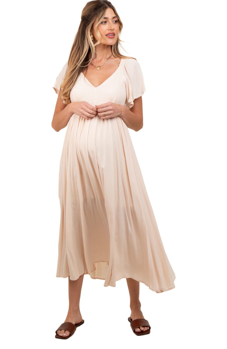 PinkBlush V-Neck Flutter Short Sleeve Midi Dress, Alternate, color, Cream