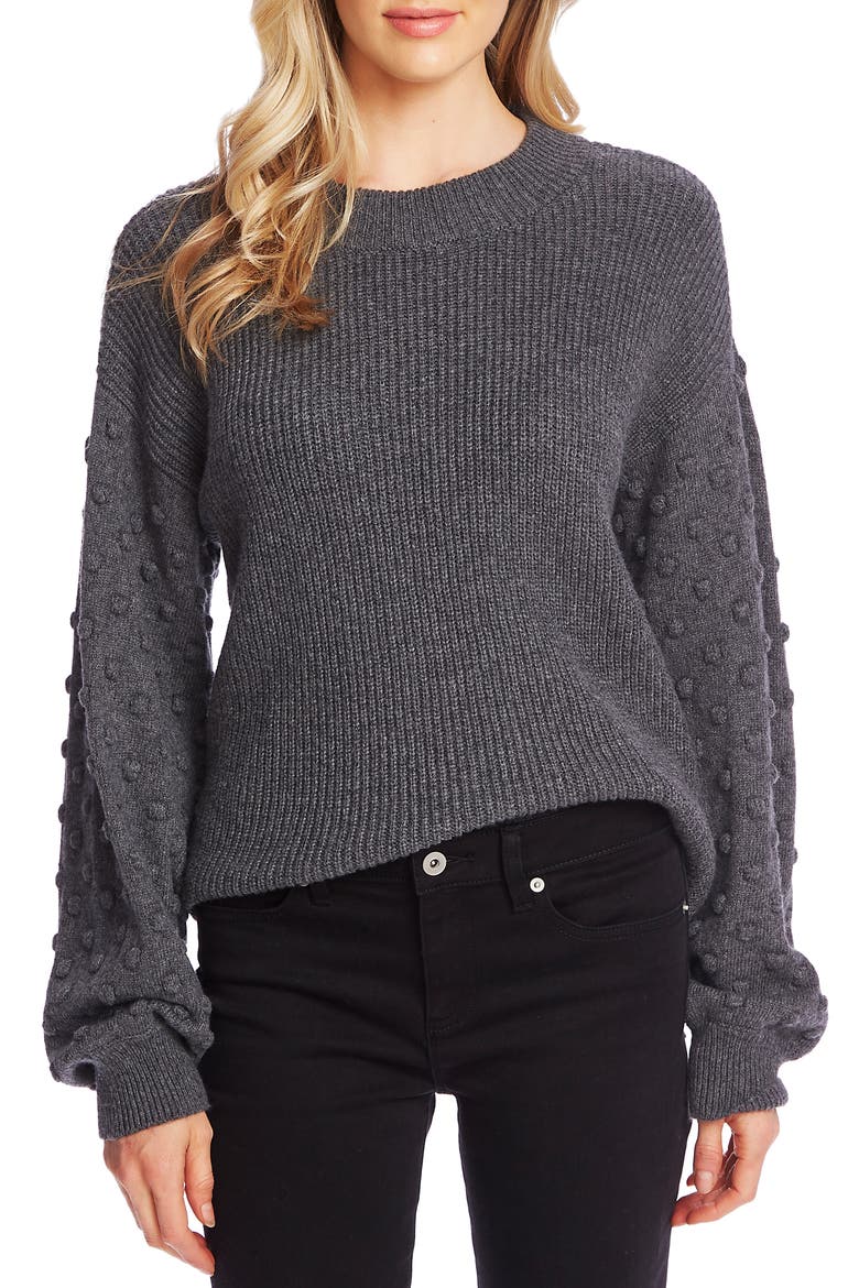 Puff Sleeve Bobble Ribbed Sweater, Main, color, MED HEATHER GREY