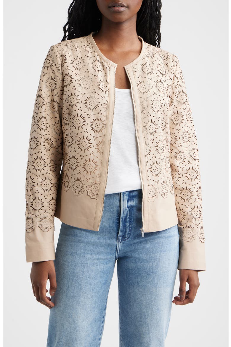 Lacey Laser Cut Leather Jacket, Main, color, BONE