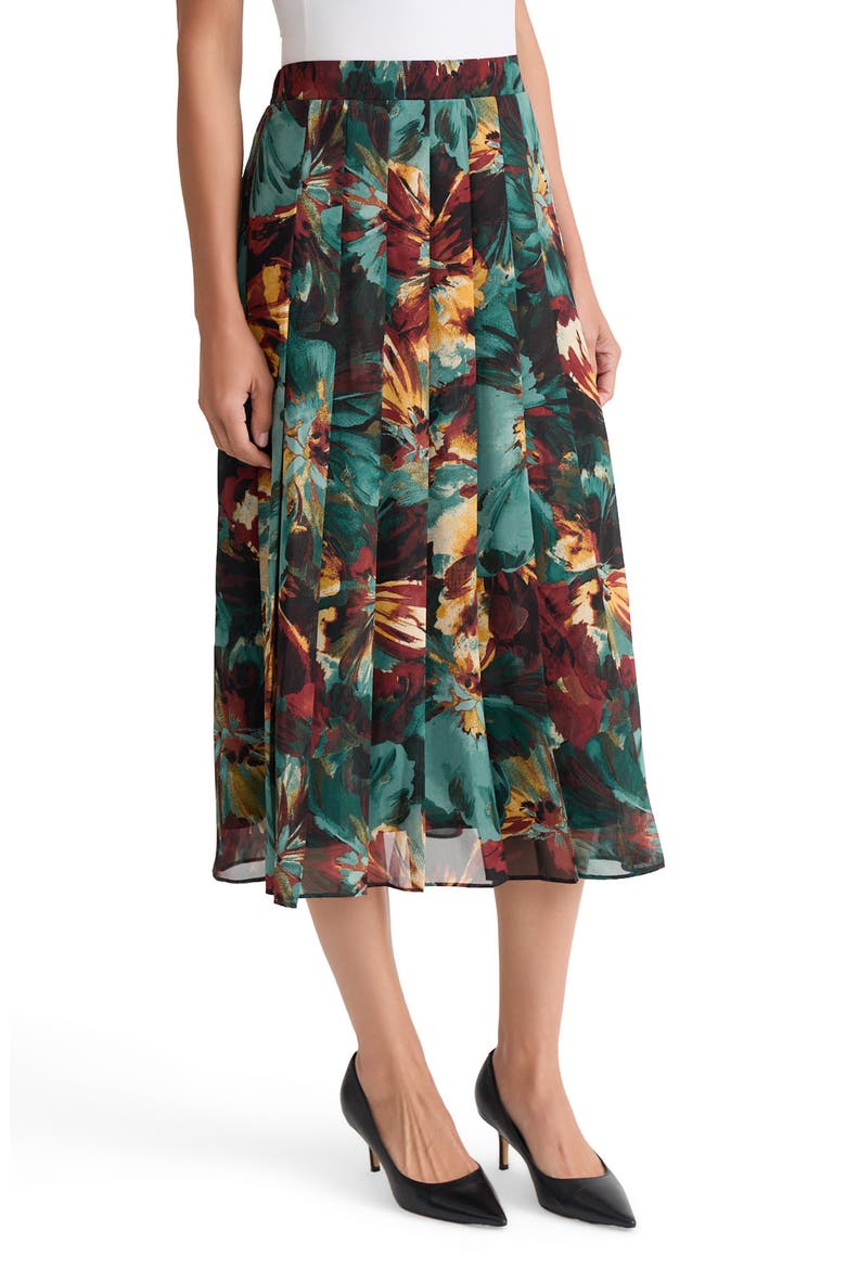 Pleated Floral Midi Skirt, Alternate, color, EVERGREEN MULTI