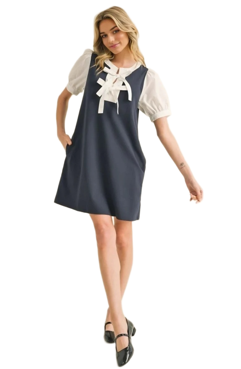 Knit and Lounge Puff Sleeve Layered Contrast Bow Tie Neckline Dress, Alternate, color,