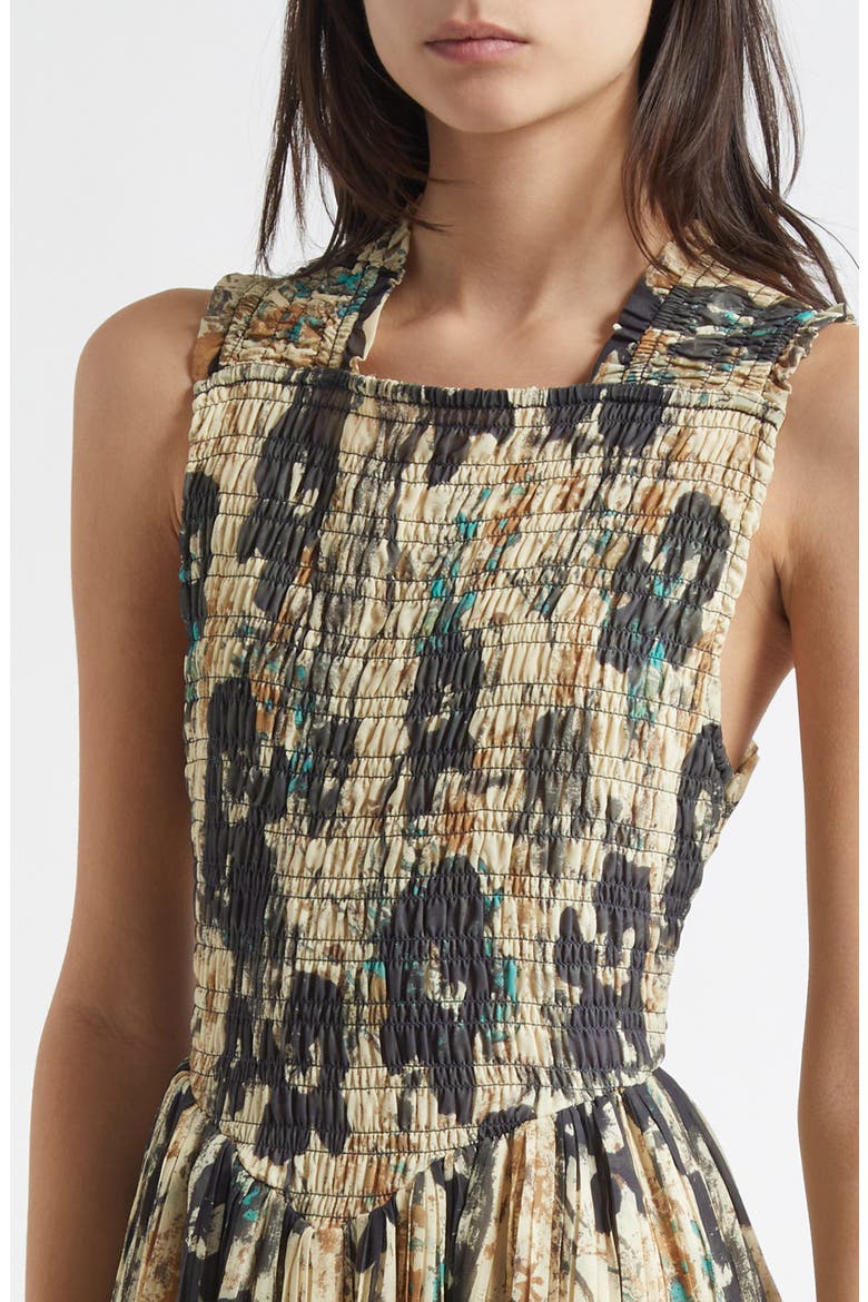 Floral Print Smocked & Pleated Midi Dress, Alternate, color, AFTERGLOW