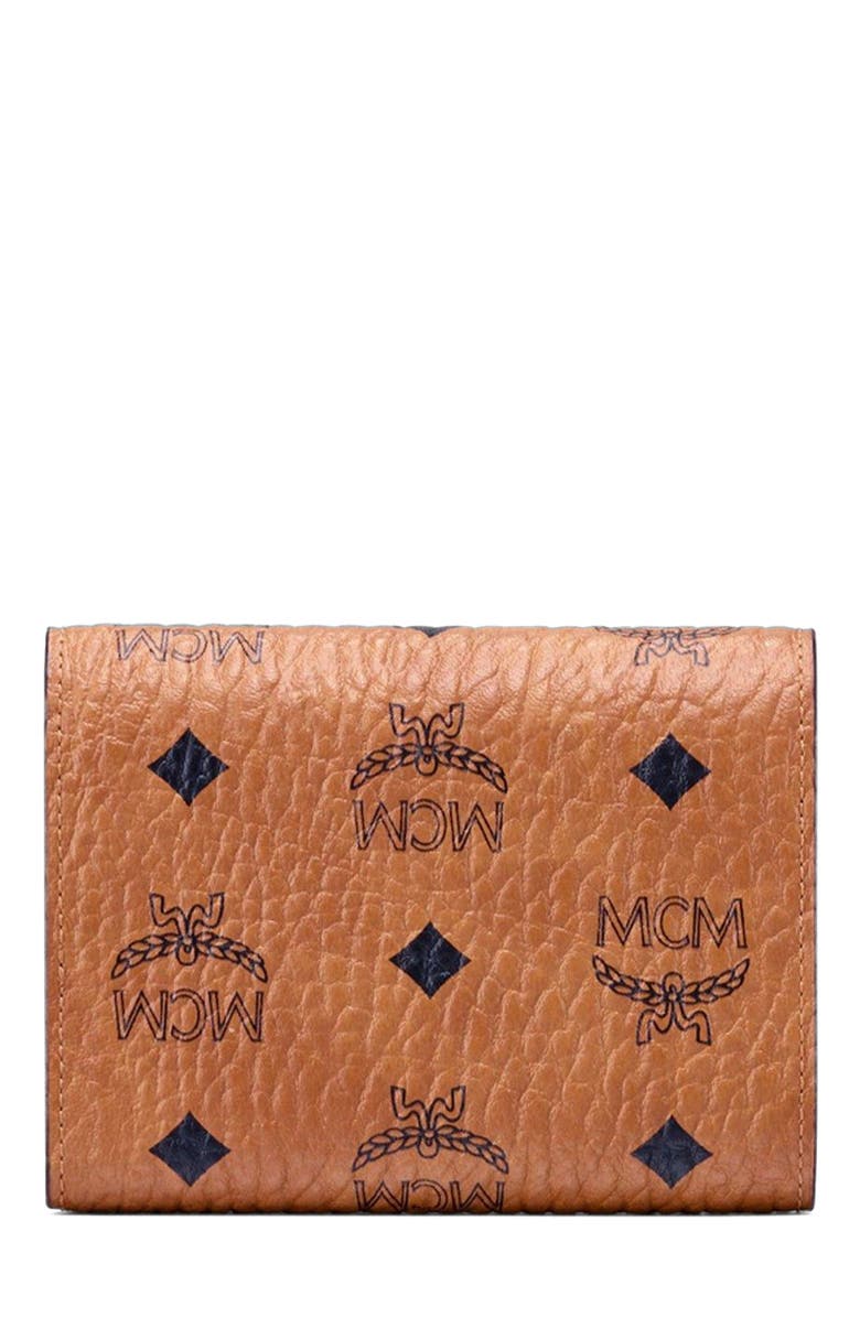 MCM Tracy Trifold Wallet in Visetos, Alternate, color, Cognac