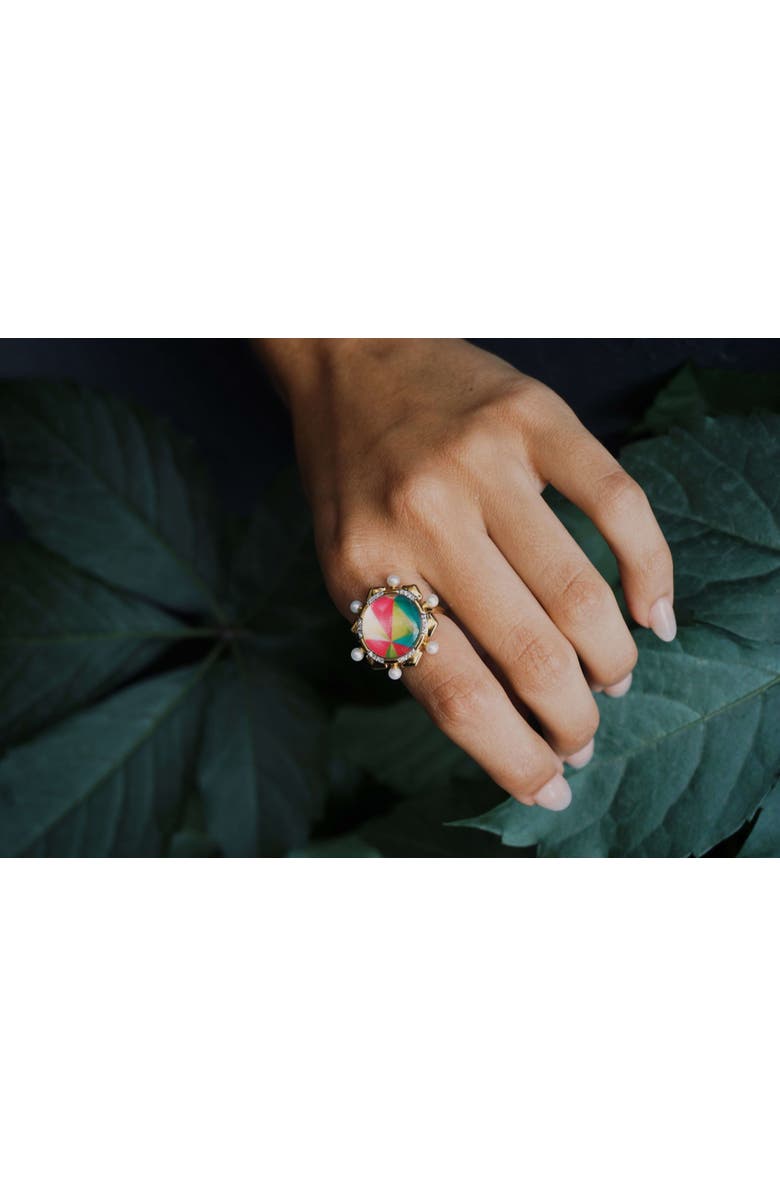 LuvMyJewelry Unicorn Popcorn Design Diamond Pearl Yellow Gold Plated Silver Mosaic Ring, Alternate, color, 