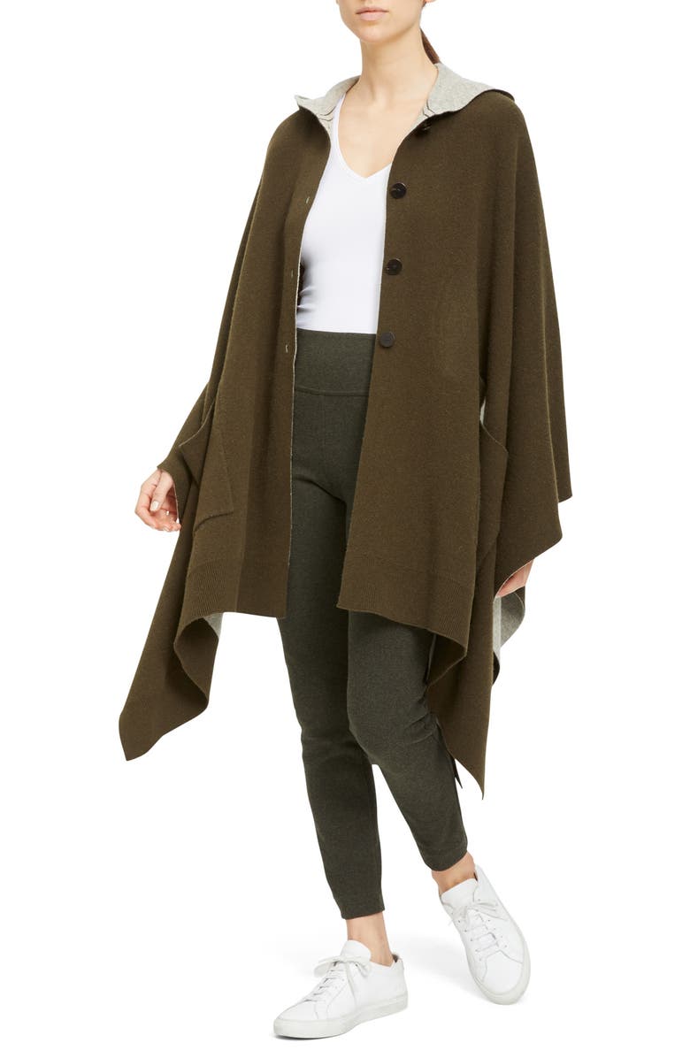 Theory Hooded Wool & Cashmere Poncho, Alternate, color, Military/ Oatmeal