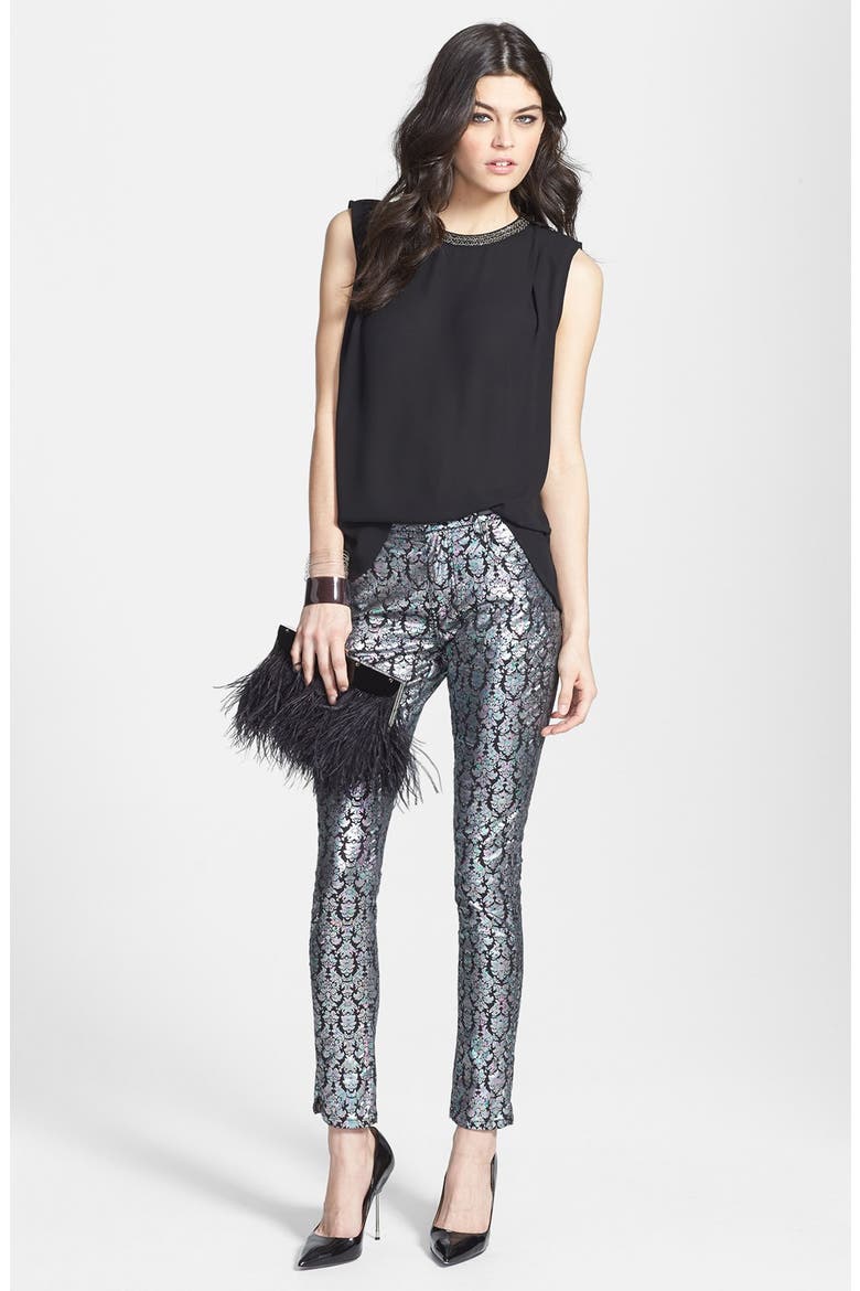 'Petrol' Metallic Print Skinny Pants, Alternate, color, MULTI