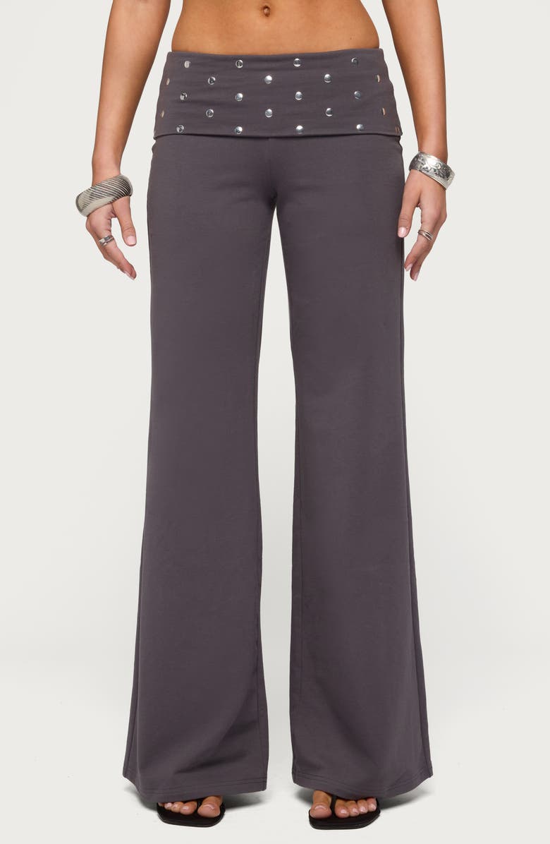 EDIKTED Breanna Studded Foldover Wide Leg Pants, Main, color, Dark-Gray