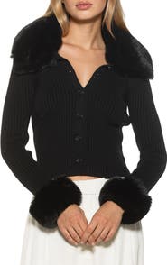 Alexia Admor Taytum Button-Down Cardigan with Faux Fur Trim