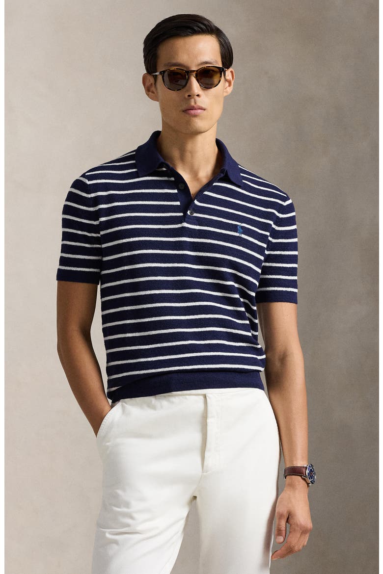 Stripe Cotton & Linen Polo Sweater, Alternate, color, BRIGHT NAVY COMBO