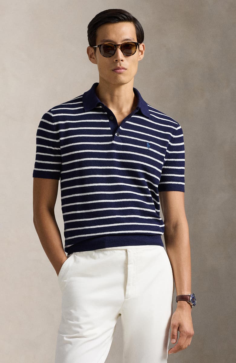 Polo Ralph Lauren Stripe Cotton & Linen Polo Sweater, Alternate, color, Bright Navy Combo