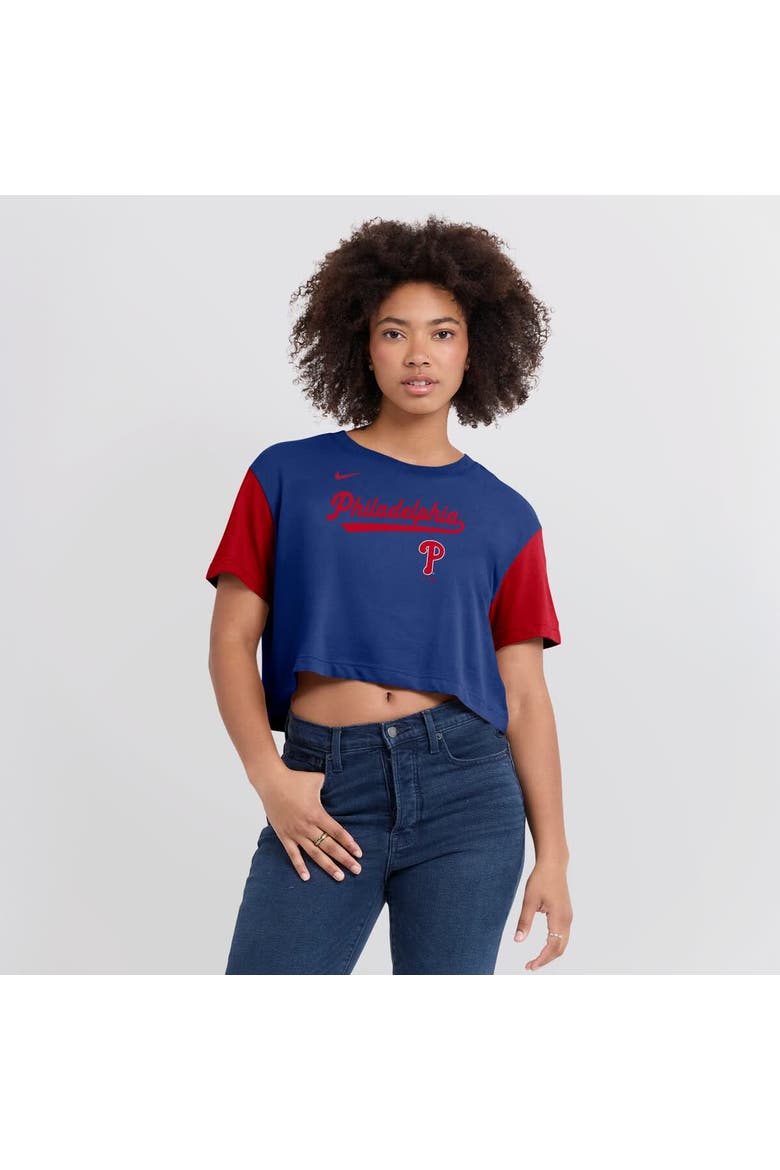 Women's Nike Royal/Red Philadelphia Phillies Script Cropped Performance T-Shirt, Alternate, color, Royal